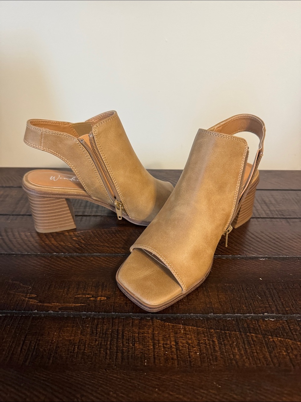Wonderly Taupe Open-Toe Slingback Block Heels